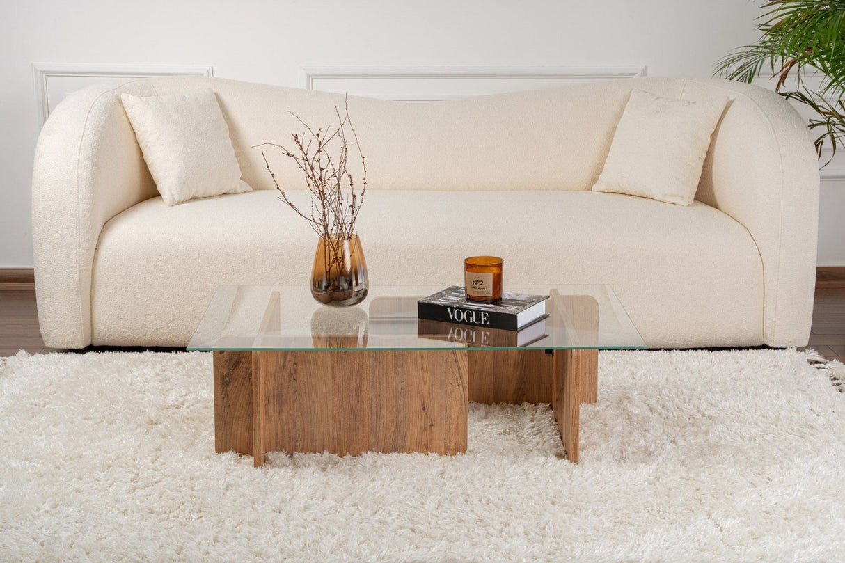 Table basse en mélamine de pin atlantique verre opale 105x65x30 cm 