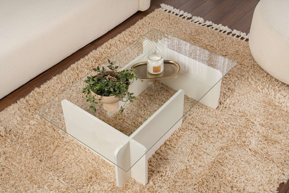Table basse blanche mélamine verre opale 105x65x30 cm 