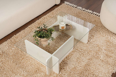 Table basse blanche mélamine verre opale 105x65x30 cm 