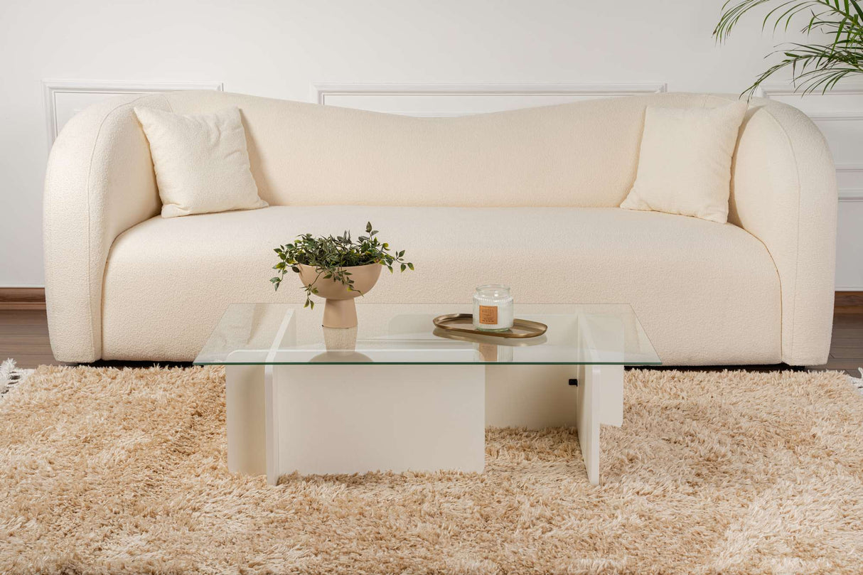 Table basse blanche mélamine verre opale 105x65x30 cm 