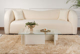Table basse blanche mélamine verre opale 105x65x30 cm 