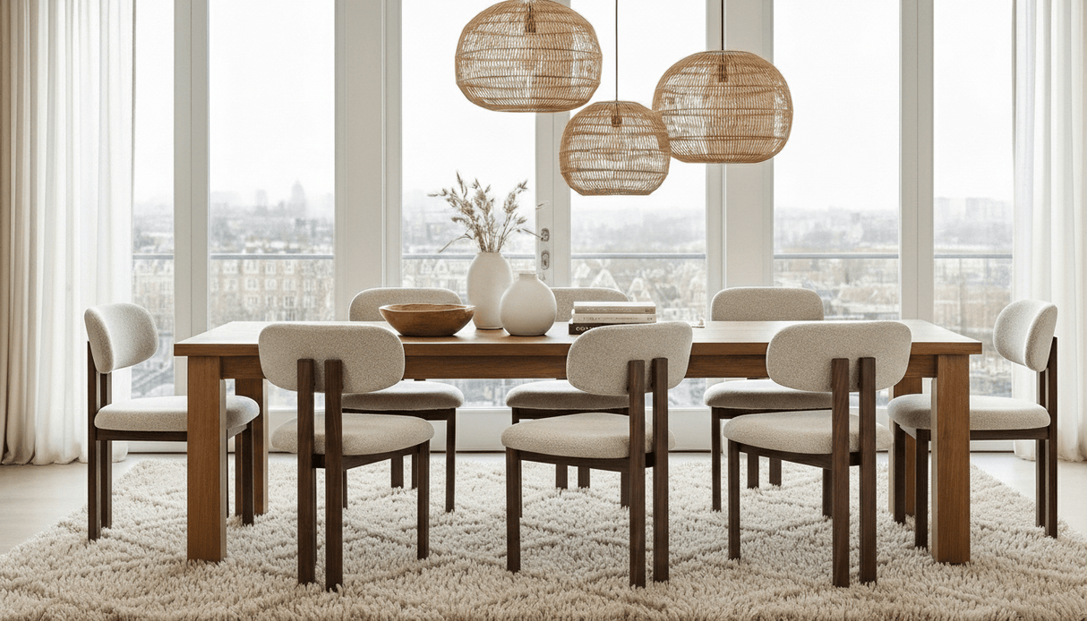 Chaise de salle à manger Japandi Miyo Bouclé Couleur Sable - Cadre en aspect Noyer 