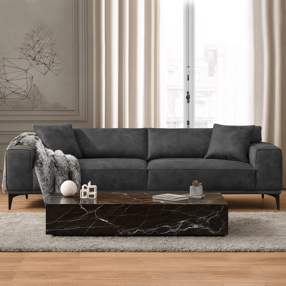 Canapé 3 places Davidson Anthracite Tissu Microfibre 