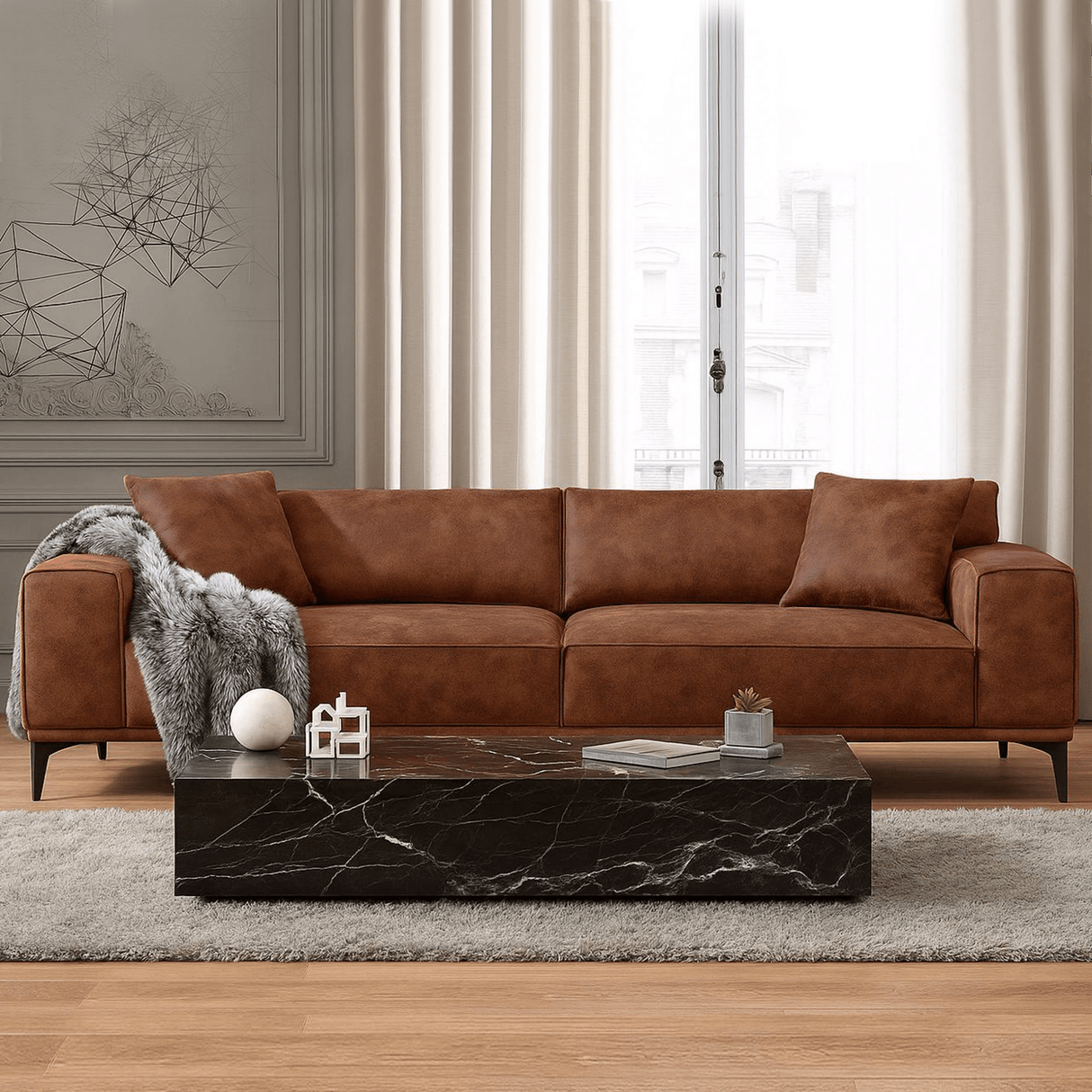 Canapé 3 places Davidson Cognac en tissu microfibre 