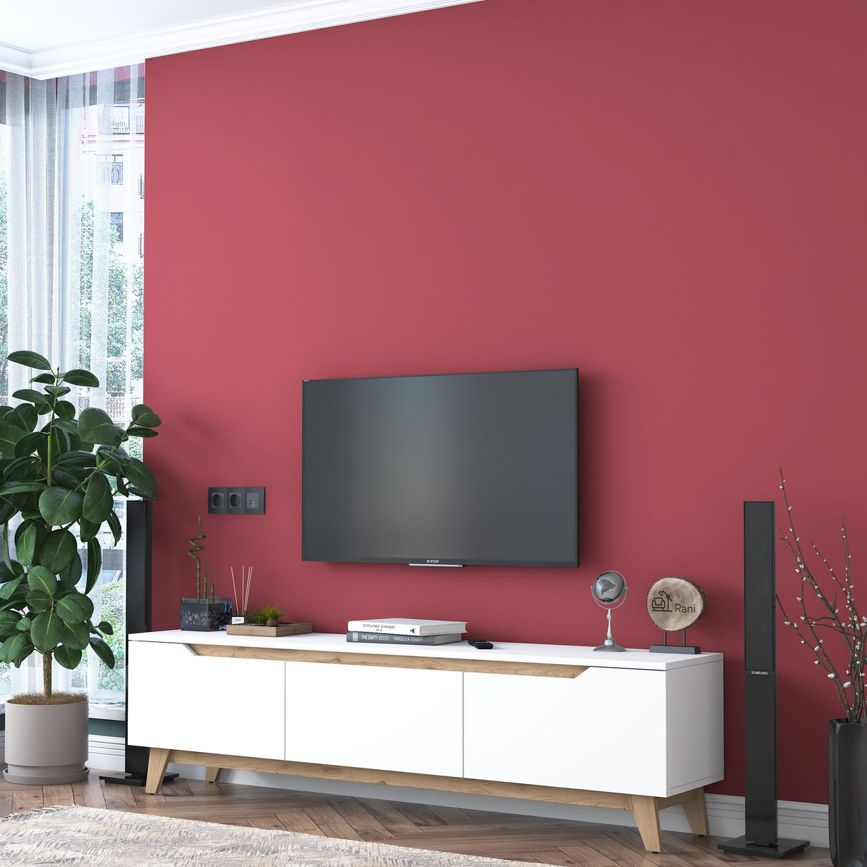 TV Meubel Osiris Wit Licht Walnoot Melamine 180x48,6x35 cm