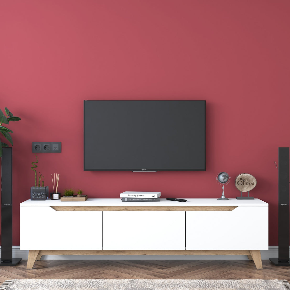 TV Meubel Osiris Wit Licht Walnoot Melamine 180x48,6x35 cm