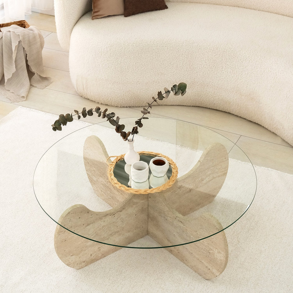 Table basse ronde en verre 75 cm Travertin - Hima 
