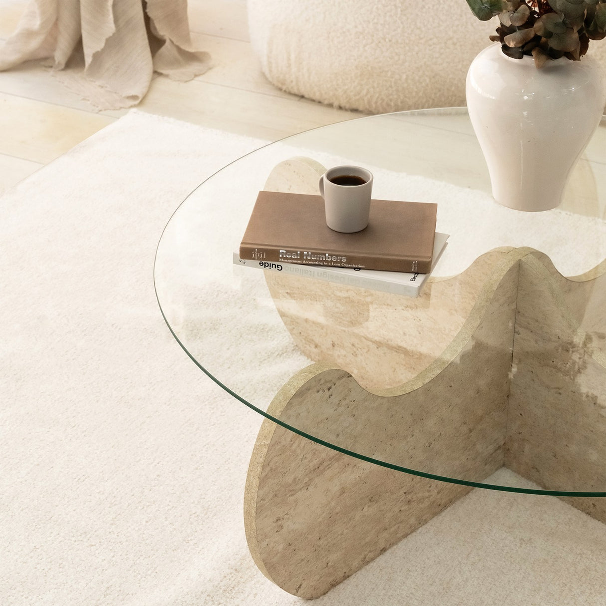 Table basse ronde en verre 75 cm Travertin - Hima 