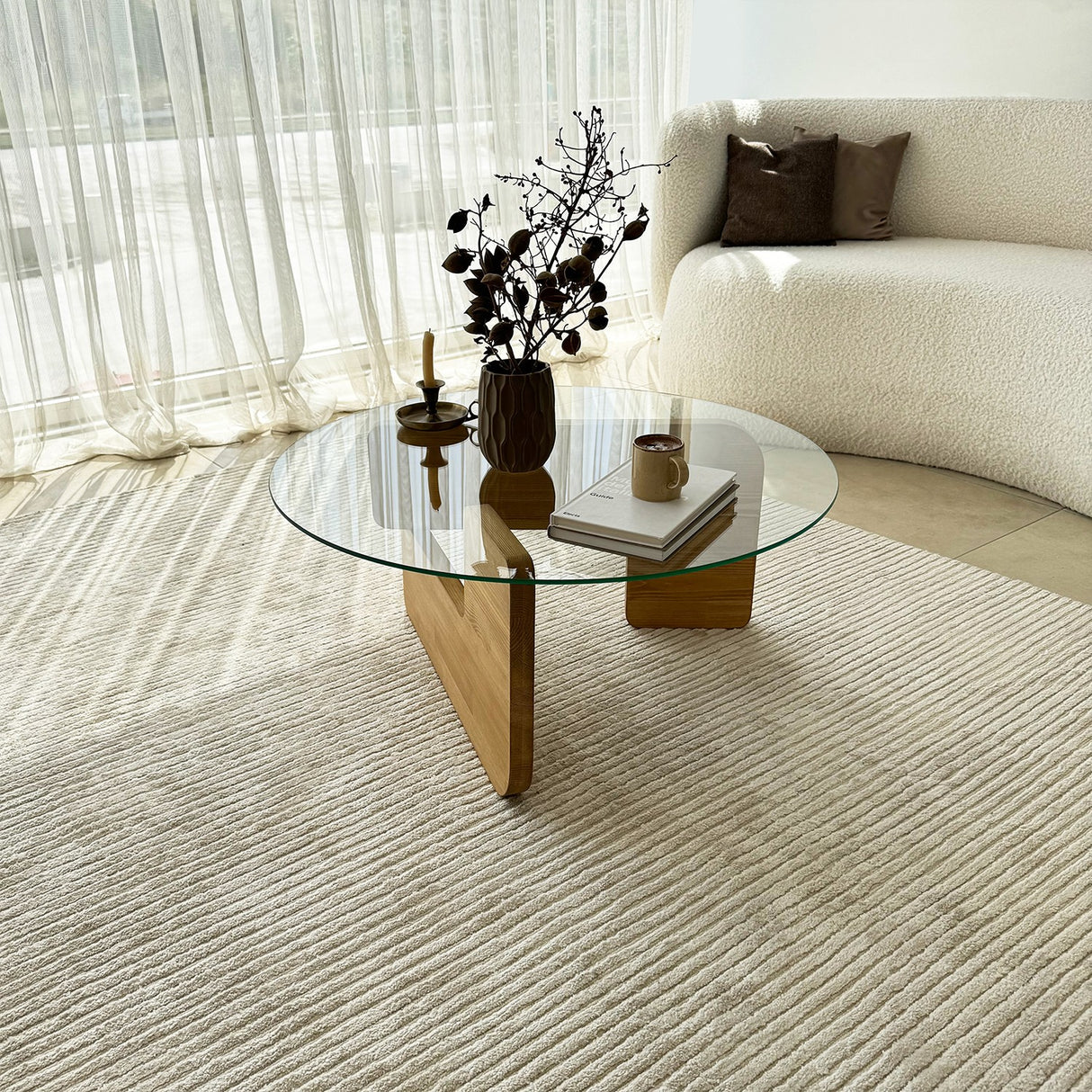 Table basse ronde en verre Mio - 75 cm - Pied en bois 