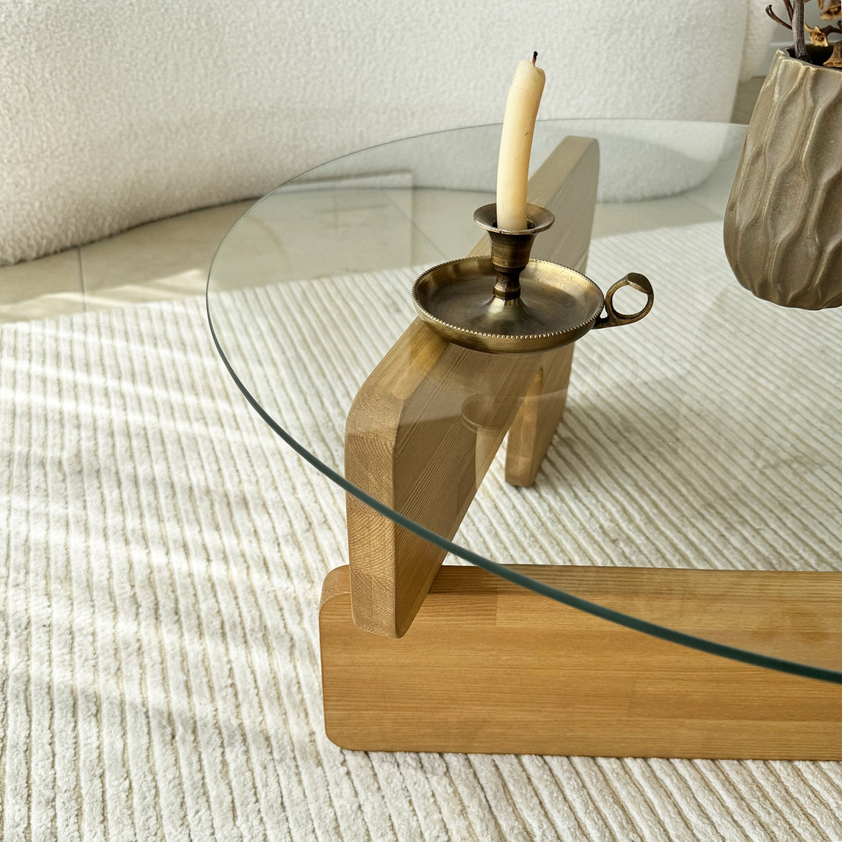 Table basse ronde en verre Mio - 75 cm - Pied en bois 