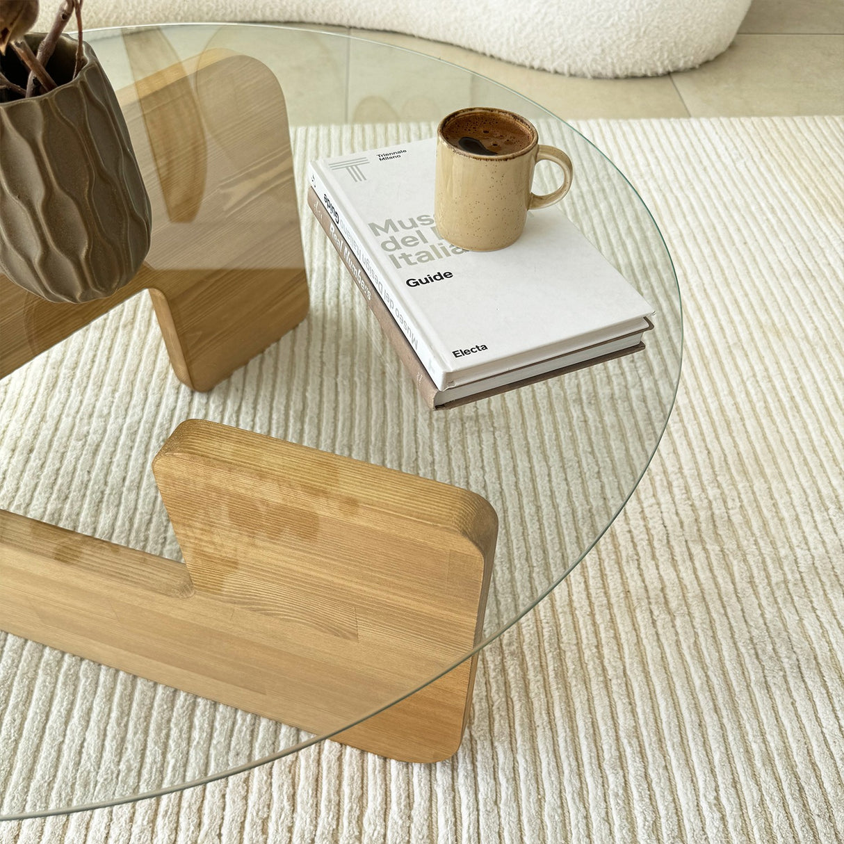 Table basse ronde en verre Mio - 75 cm - Pied en bois 