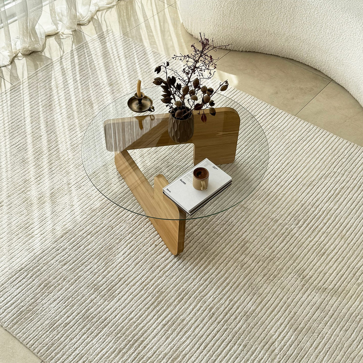 Table basse ronde en verre Mio - 75 cm - Pied en bois 