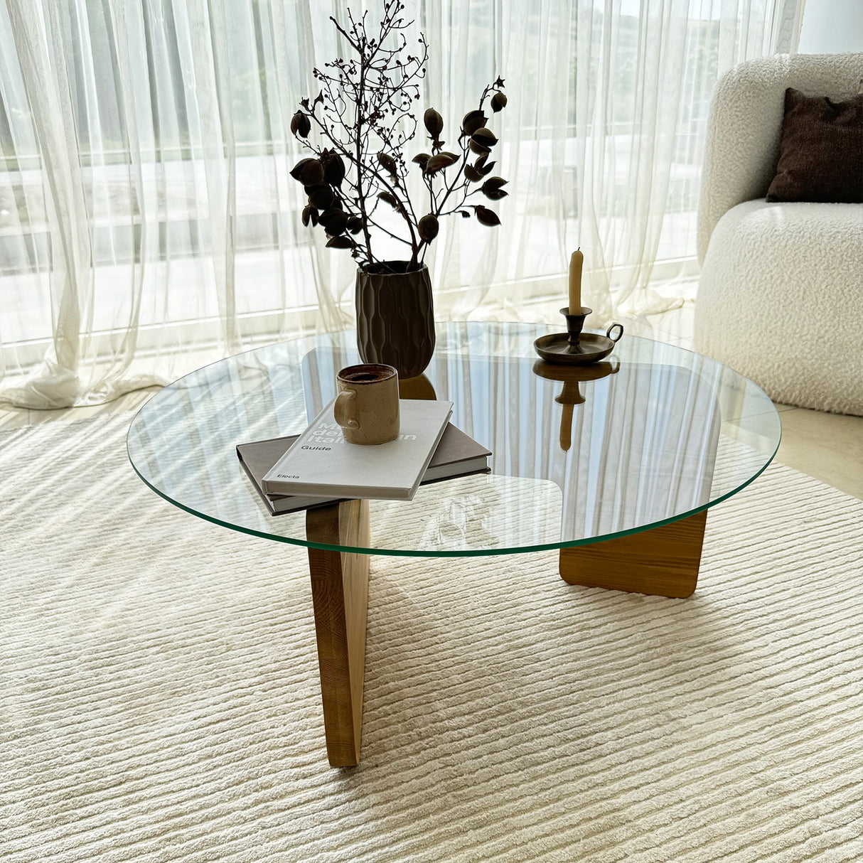 Table basse ronde en verre Mio - 75 cm - Pied en bois 