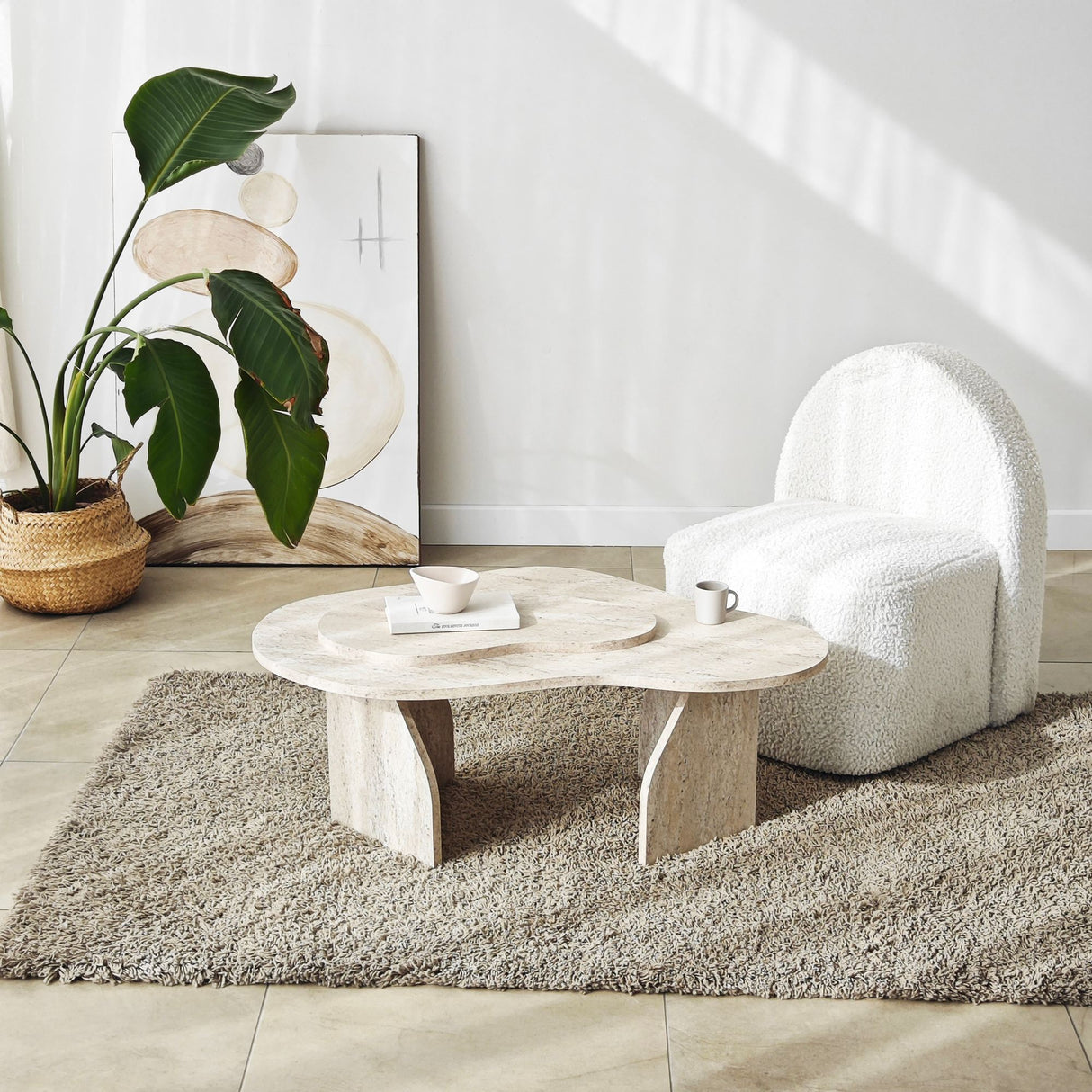 Table basse organique en travertin look marbre Melta - 105x65 cm 