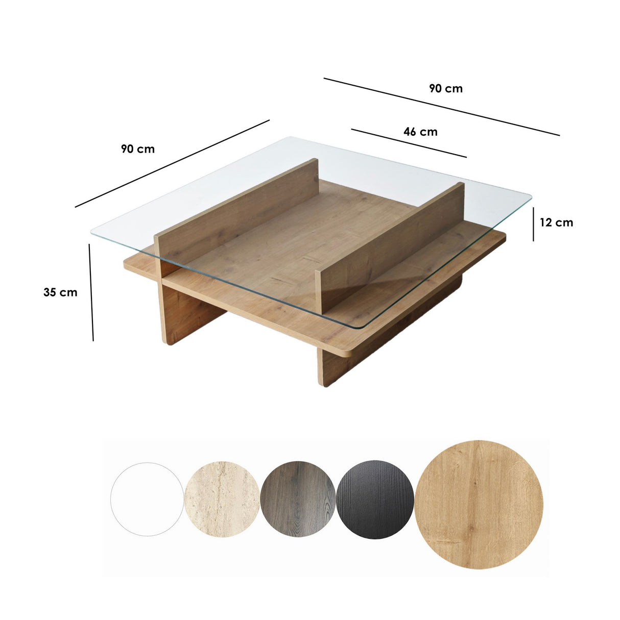 Table basse carrée en verre Sagu - Piètement en mélamine Sapphire - 90x90 cm 