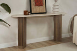 Table d'appoint ovale moderne avec plateau aspect travertin et base en mélamine noyer. Design minimaliste élégant.