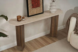 Table d'appoint ovale moderne avec plateau aspect travertin et base en mélamine noyer. Design minimaliste élégant.