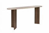 Table d'appoint ovale moderne photo blanche avec un plateau aspect travertin et une base en mélamine noyer. Design minimaliste élégant.