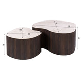 Set van 2 organische salontafels Cruz bold - keramiek Taj Mahal donkerbruin houtlook ribbel - witfoto met afmeting