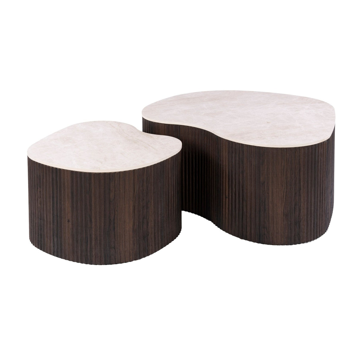 Set van 2 organische salontafels Cruz bold - keramiek Taj Mahal donkerbruin houtlook ribbel - witfoto
