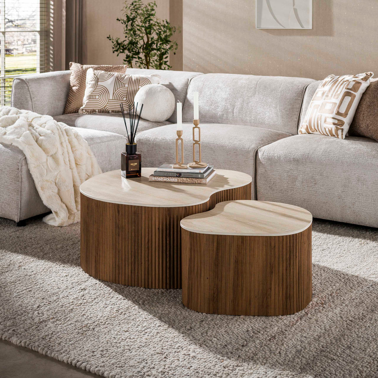 Lot de 2 tables basses bio Cruz bold - céramique travertin chêne aspect bois nervuré