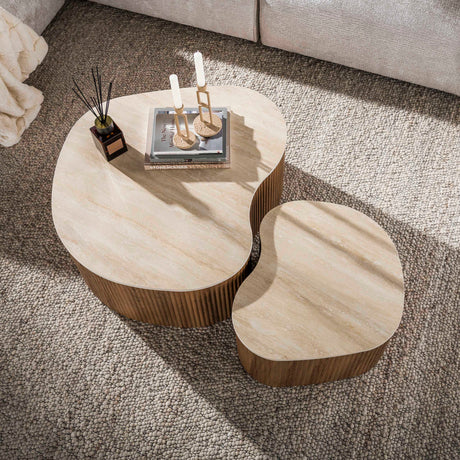 Lot de 2 tables basses bio Cruz bold - céramique travertin chêne aspect bois nervuré