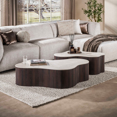 Ensemble de 2 tables basses biologiques Cruz Grand avec plateaux en céramique Taj Mahal et base nervurée marron foncé.