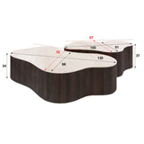 Photo blanche cotée lot de 2 tables basses bio Cruz Grand avec plateaux en céramique Taj Mahal et piètement nervuré marron foncé.
