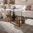 Lot de 2 tables basses rondes avec plateau en verre et pieds aspect chêne
