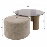 Set van 2 ronde salontafels Thor bruin rookglas en zandkleurig stof