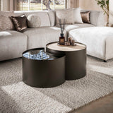 Set de 2 tables basses Moony – structure métal & céramique aspect travertin et verre