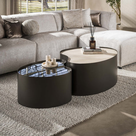 Salontafels - Set van 2 organische salontafels Moony – metalen frame & keramiek travertin look en glas - Dimehouse