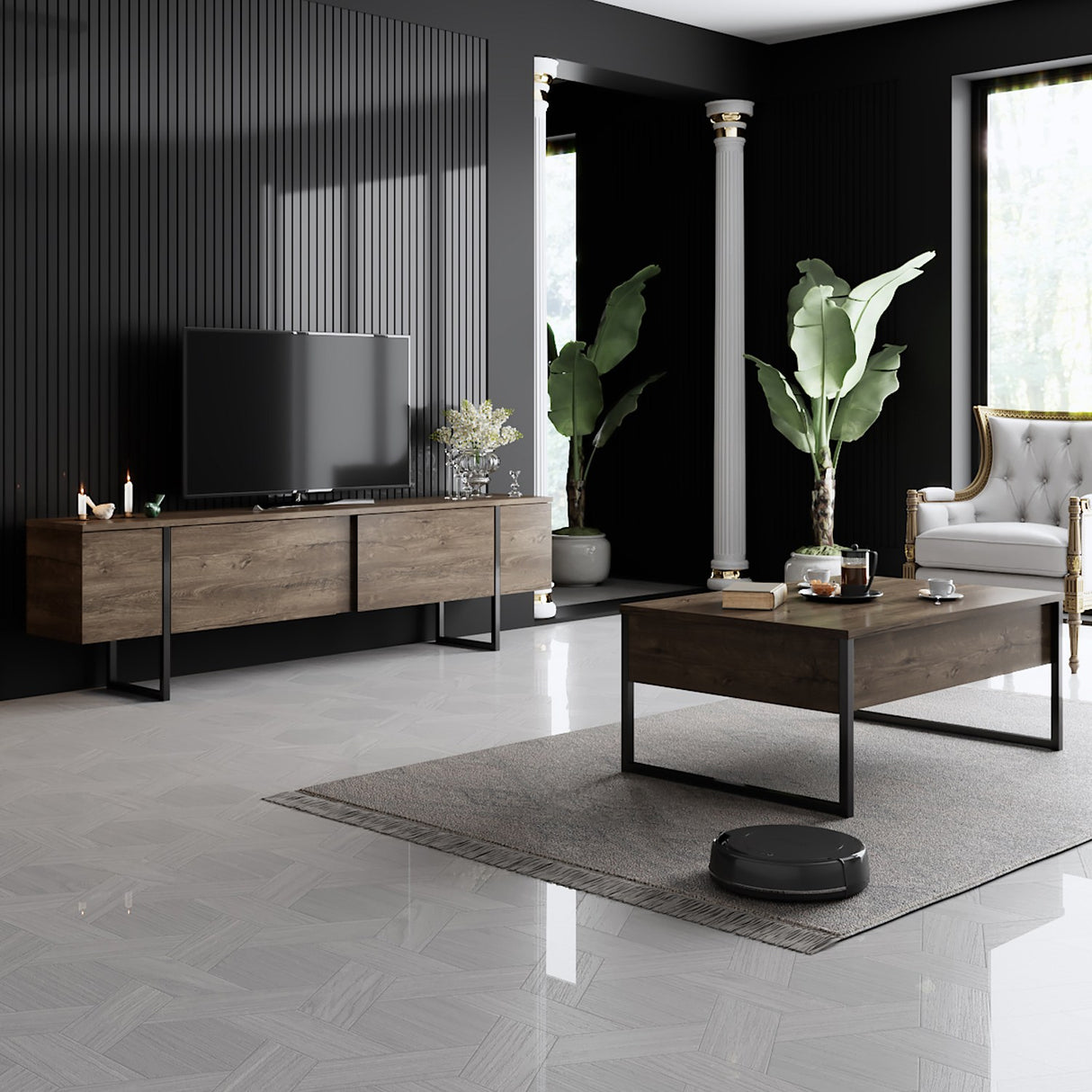 Table basse rectangulaire en mélamine luxe noyer 90x60x40 cm 