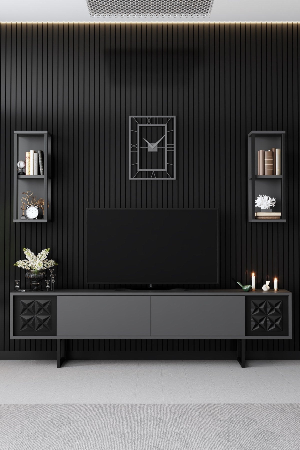 TV Meubel Set Black Line Antraciet Zwart Melamine 180x48x30 cm