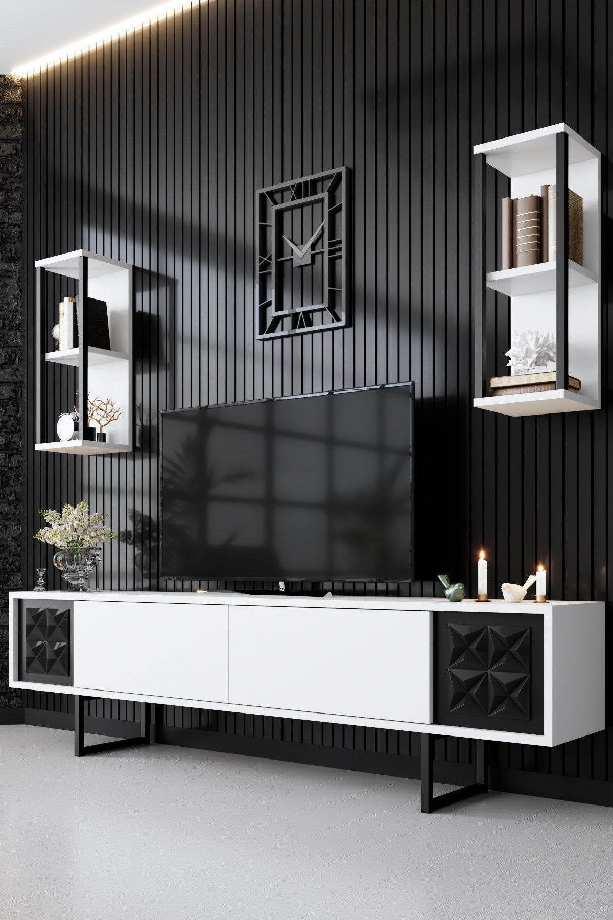 TV Meubel Set Black Line Wit Zwart Melamine 180x48x30 cm