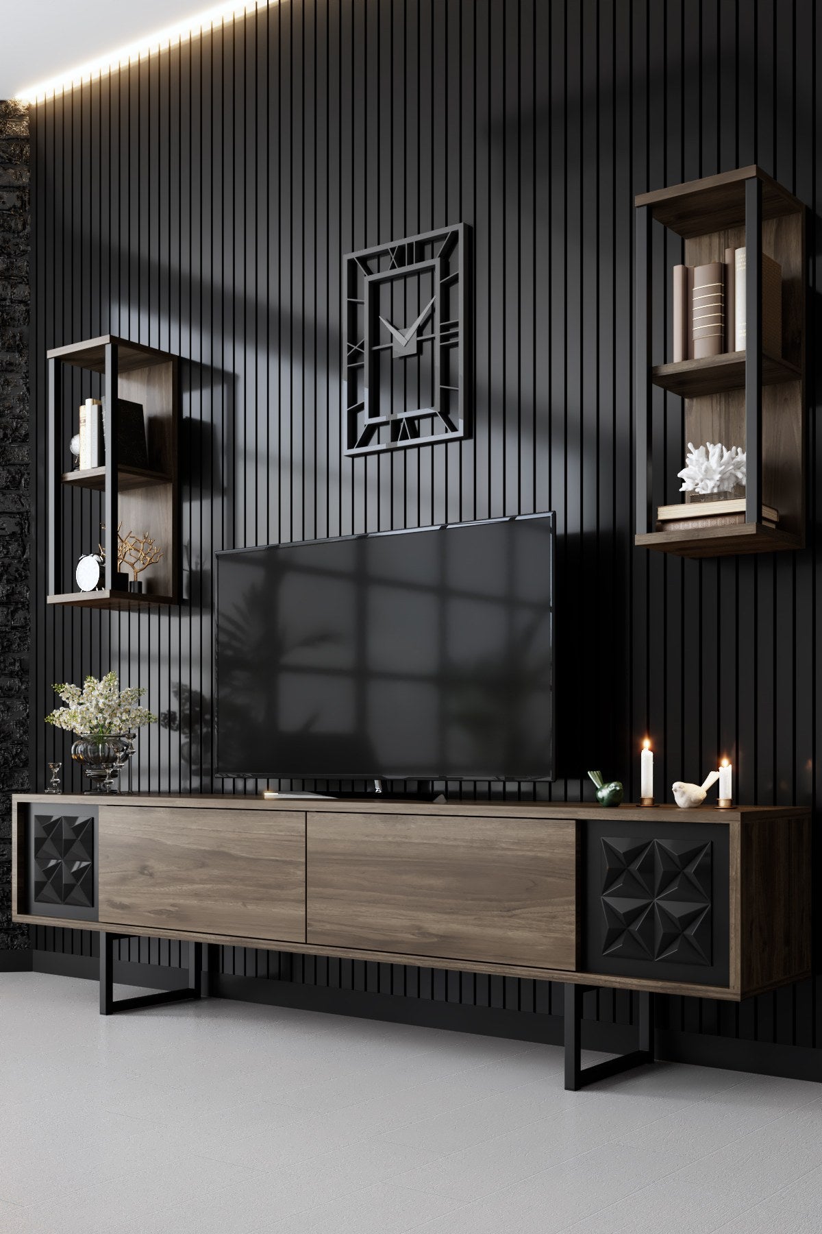 TV Meubel Set Black Line Walnoot Zwart Melamine 180x48x30 cm