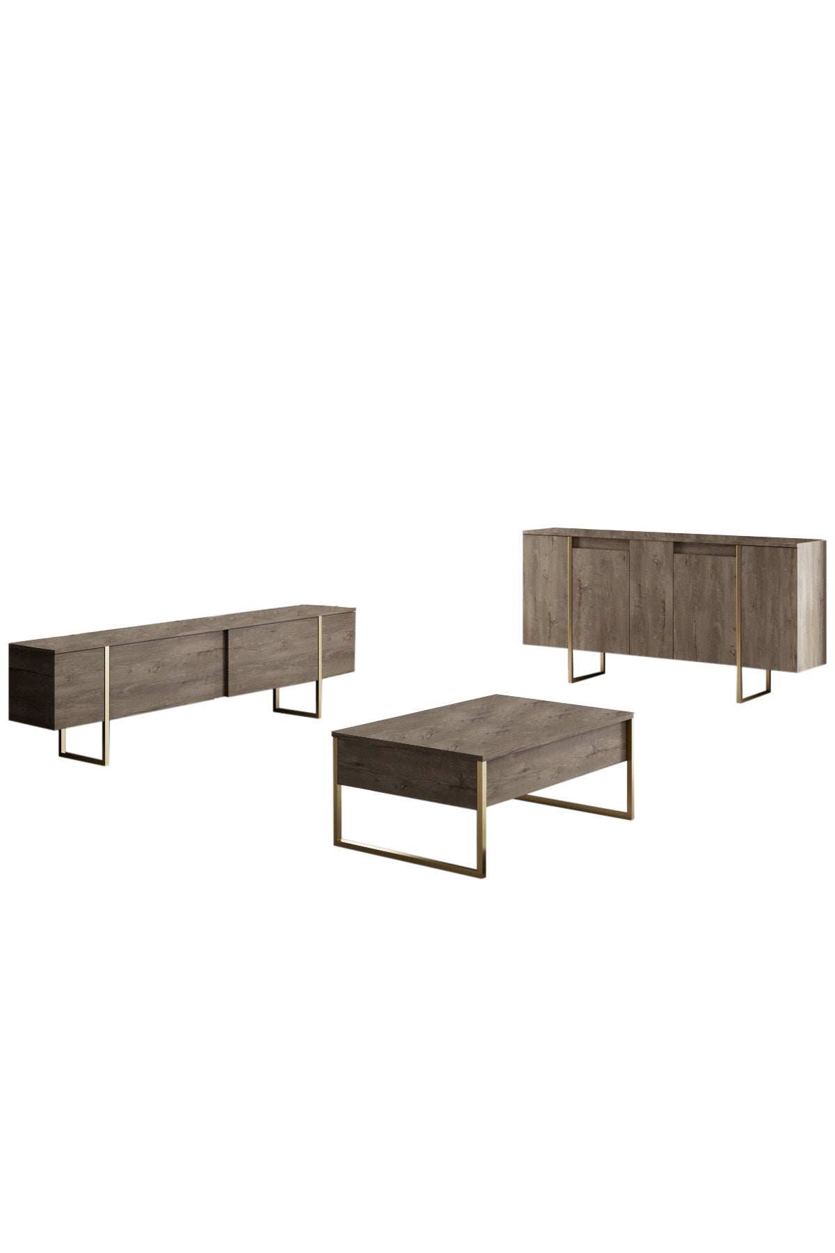 Meubelset Walnoot Luxe - Salontafel + TV Meubel + Dressoir - Gouden Frame