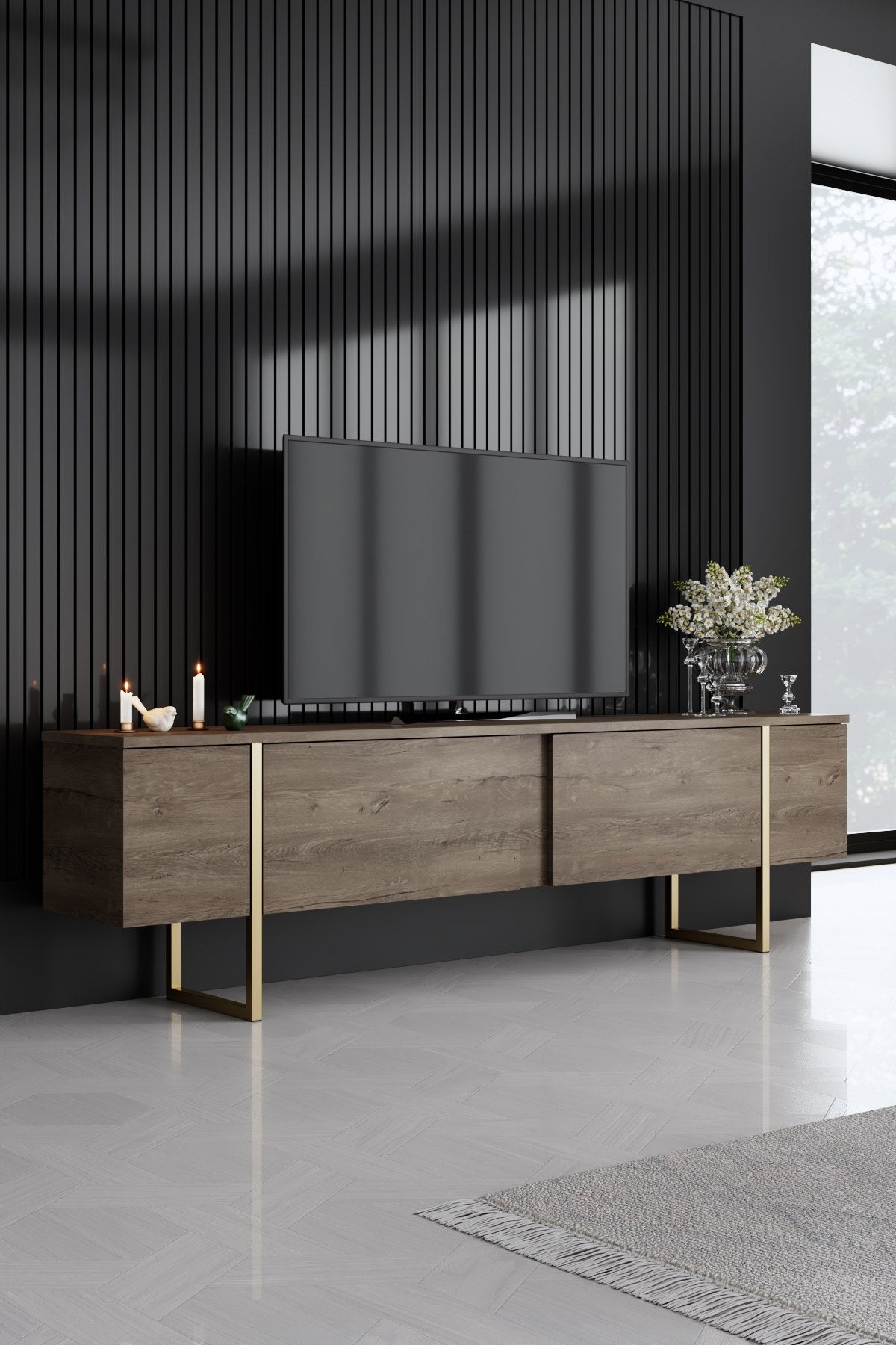 Meubelset Walnoot Luxe - Salontafel + TV Meubel + Dressoir - Gouden Frame