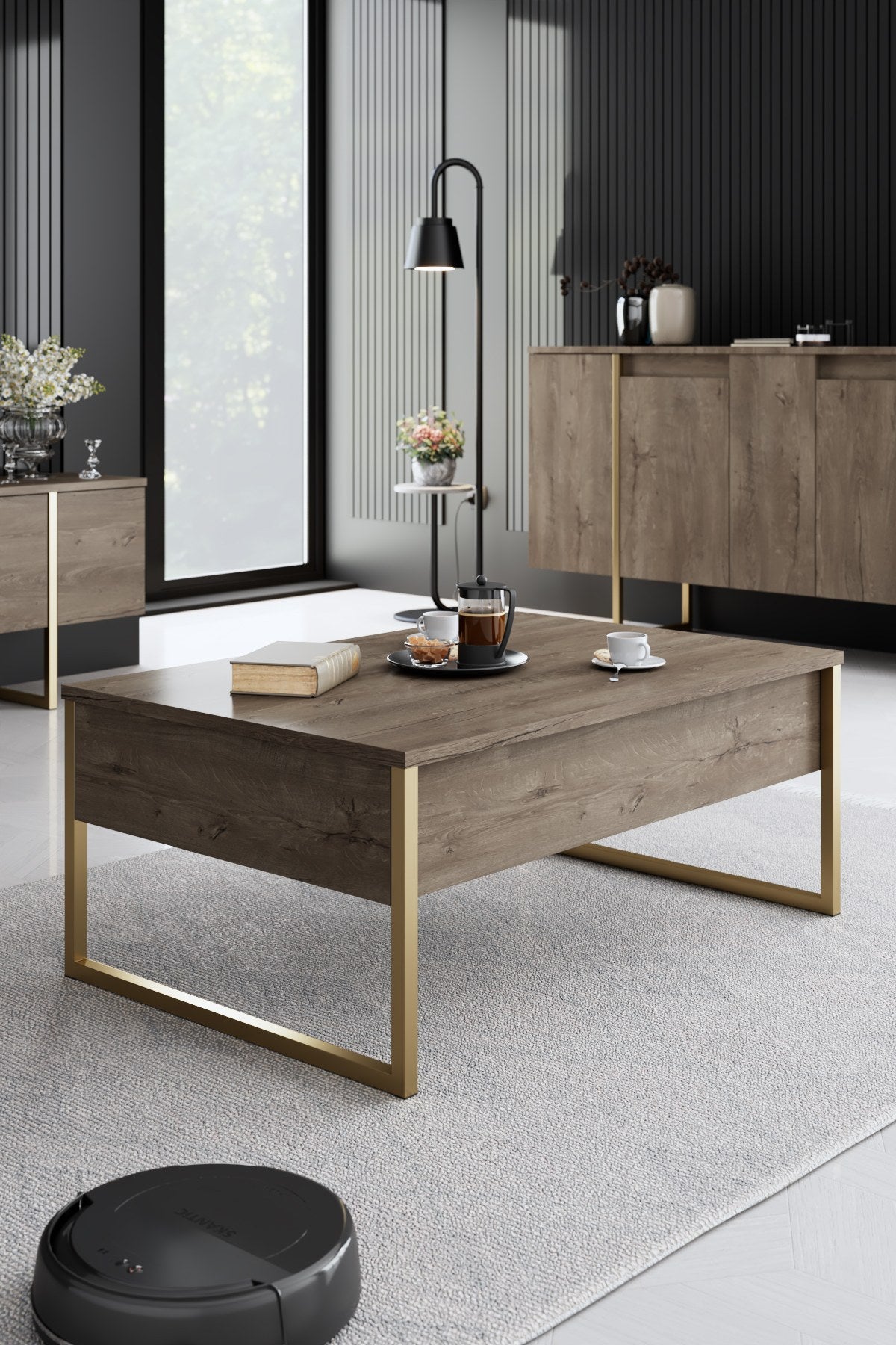 Meubelset Walnoot Luxe - Salontafel + TV Meubel + Dressoir - Gouden Frame