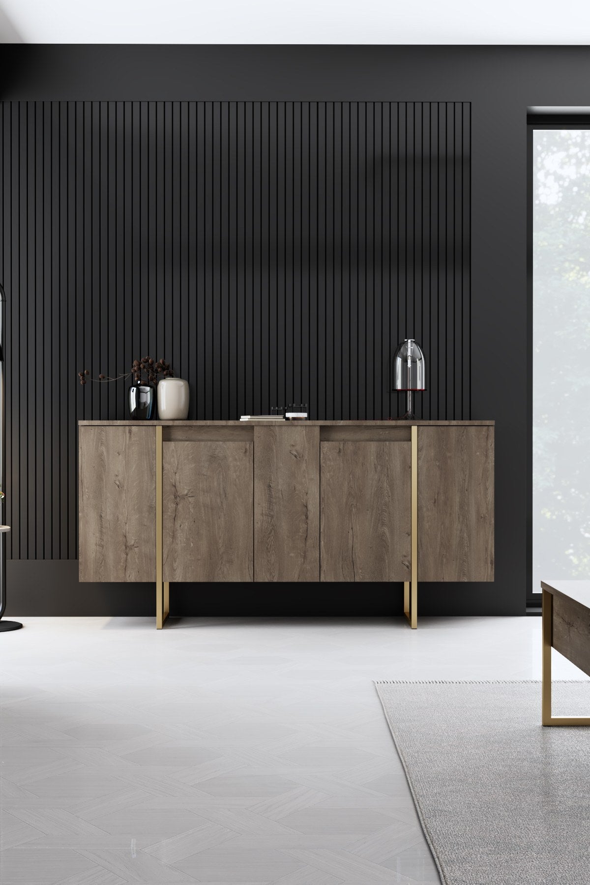 Meubelset Walnoot Luxe - Salontafel + TV Meubel + Dressoir - Gouden Frame