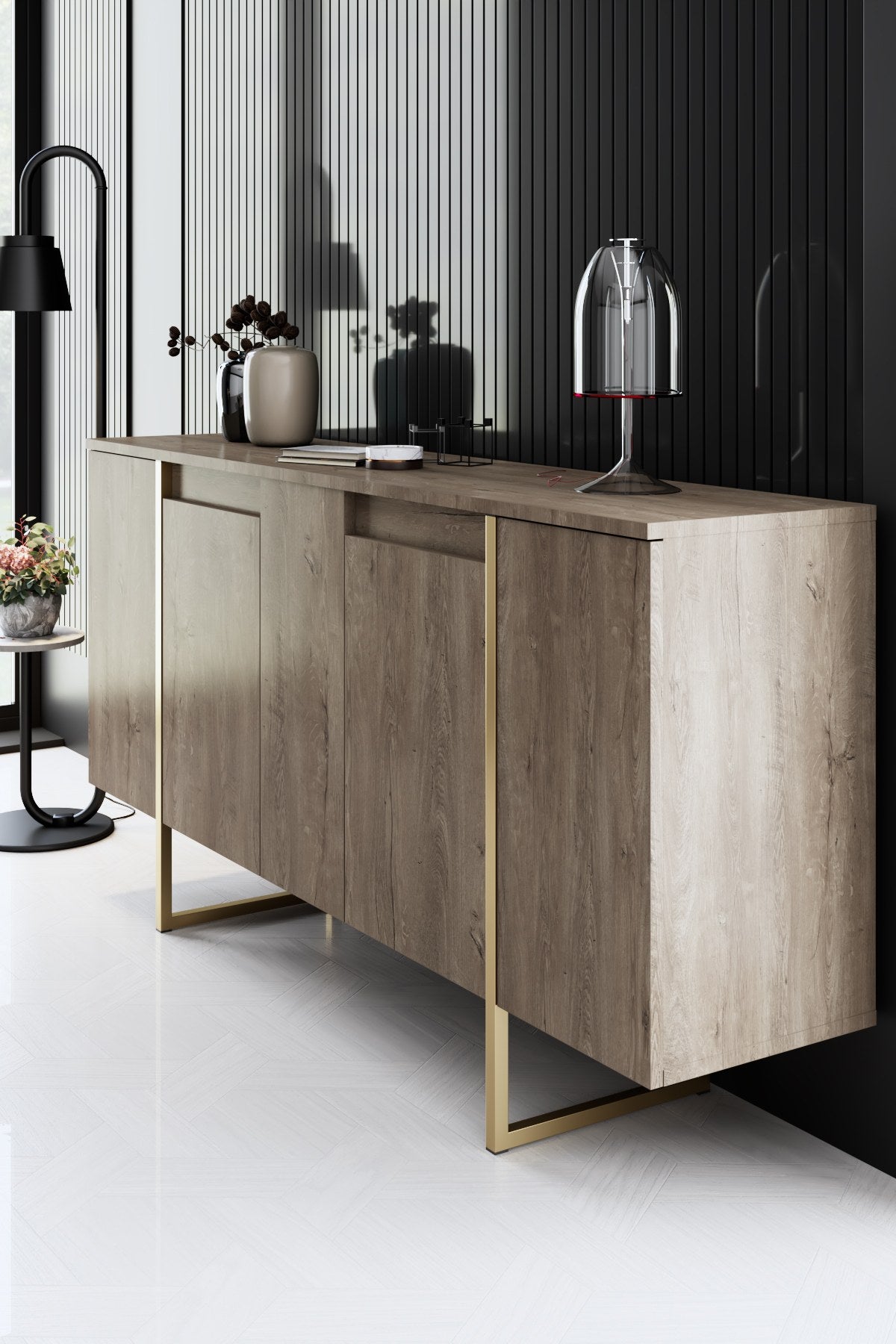 Meubelset Walnoot Luxe - Salontafel + TV Meubel + Dressoir - Gouden Frame
