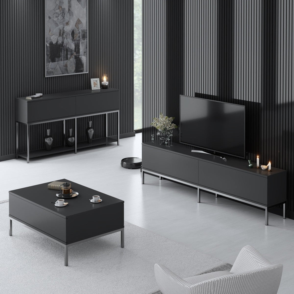 Ensemble de meubles Anthracite Lord - Table basse + Meuble TV + Buffet - Cadre argenté