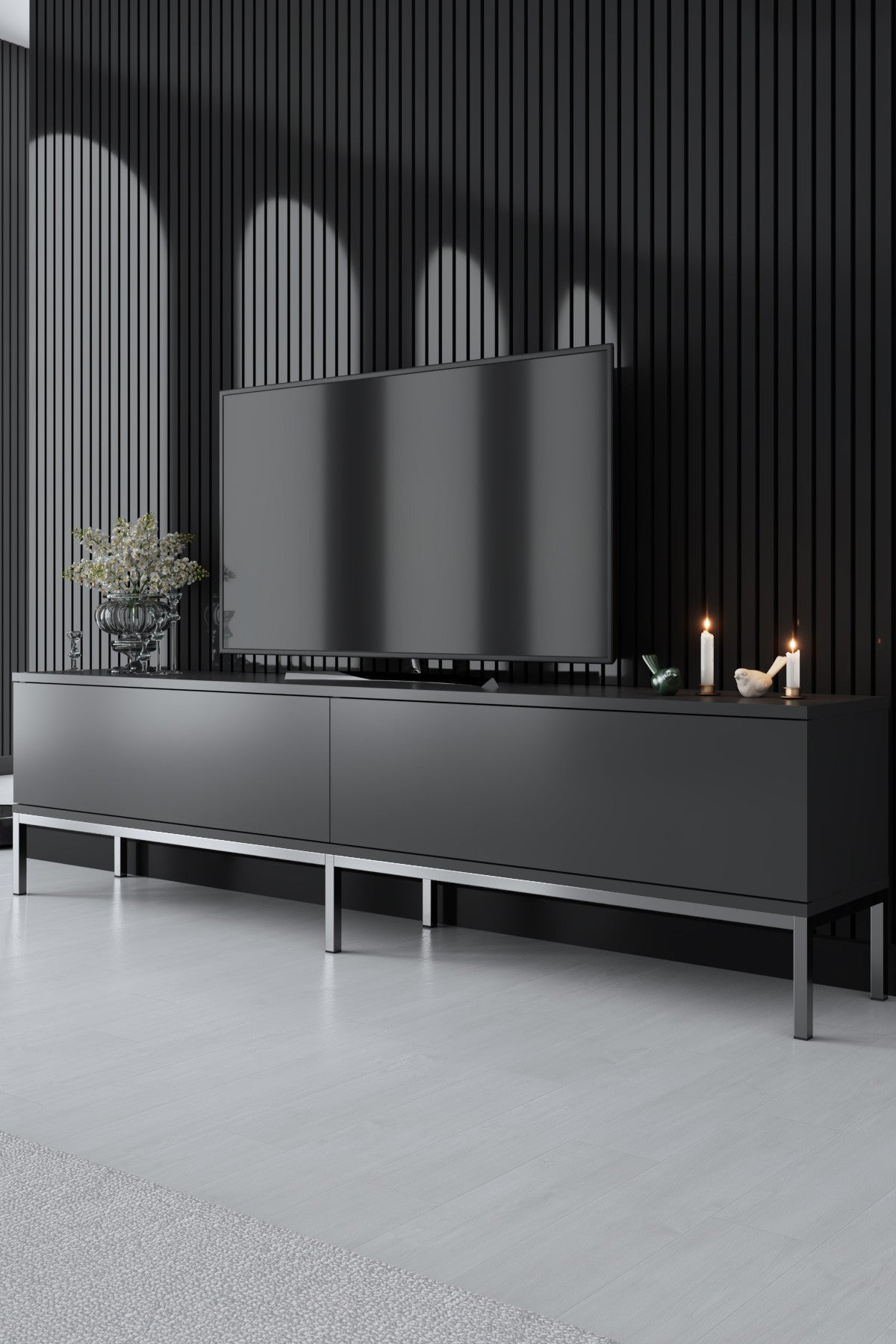 Ensemble de meubles Anthracite Lord - Table basse + Meuble TV + Buffet - Cadre argenté