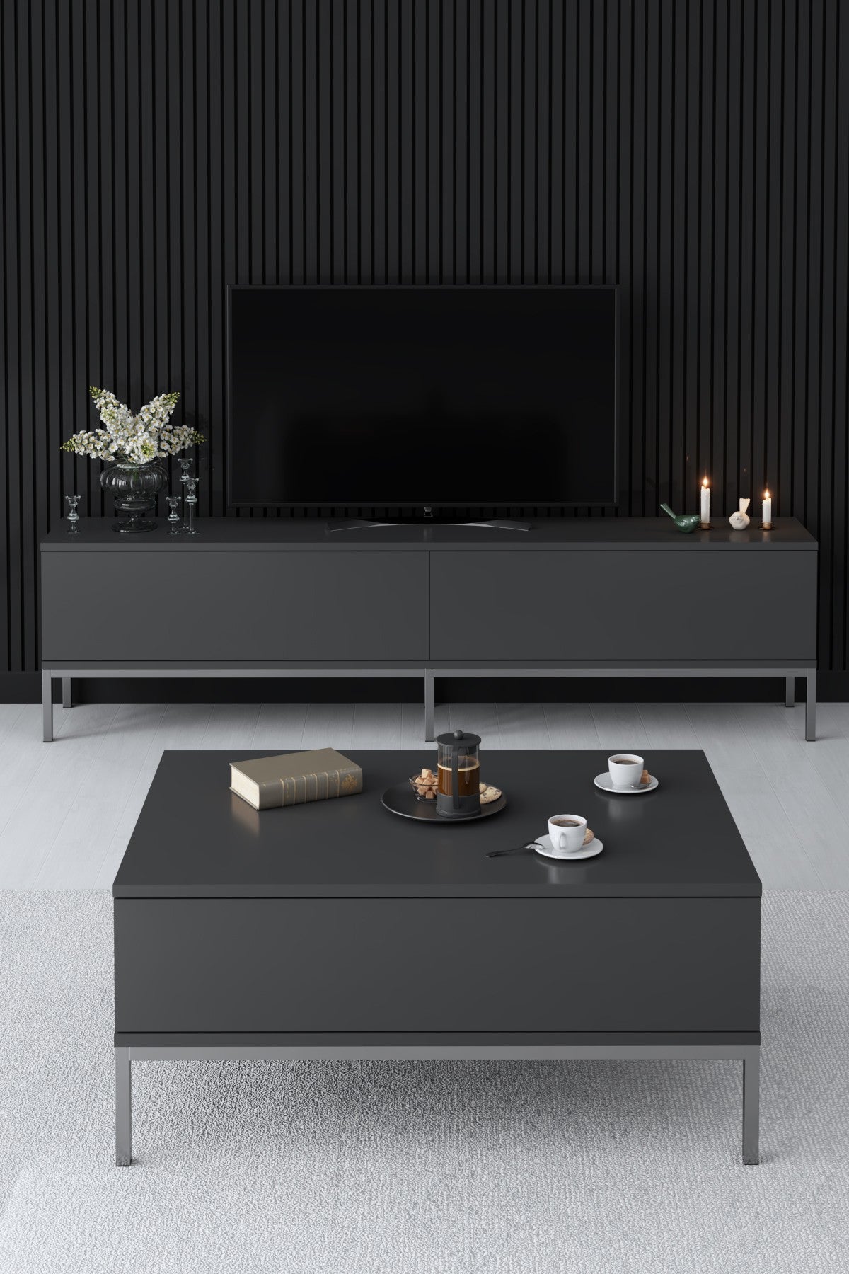 Ensemble de meubles Anthracite Lord - Table basse + Meuble TV + Buffet - Cadre argenté