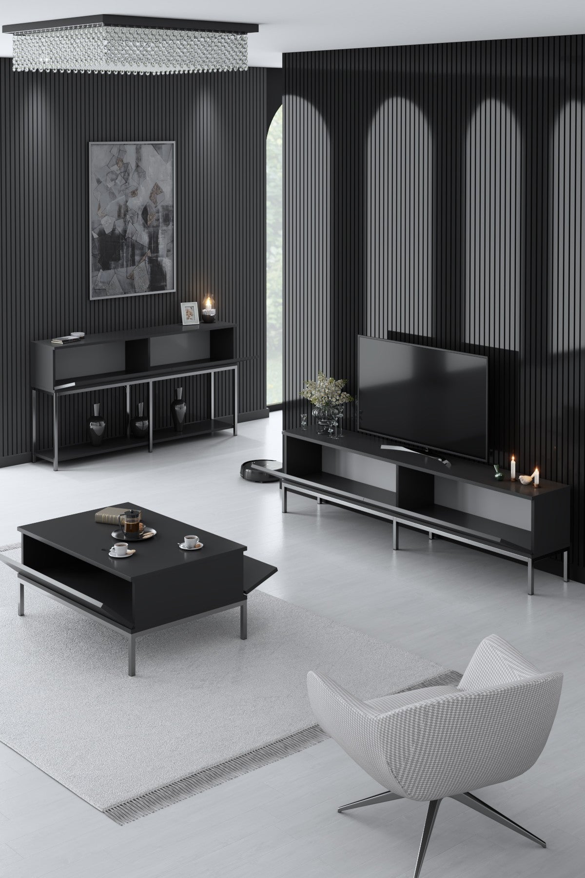 Ensemble de meubles Anthracite Lord - Table basse + Meuble TV + Buffet - Cadre argenté