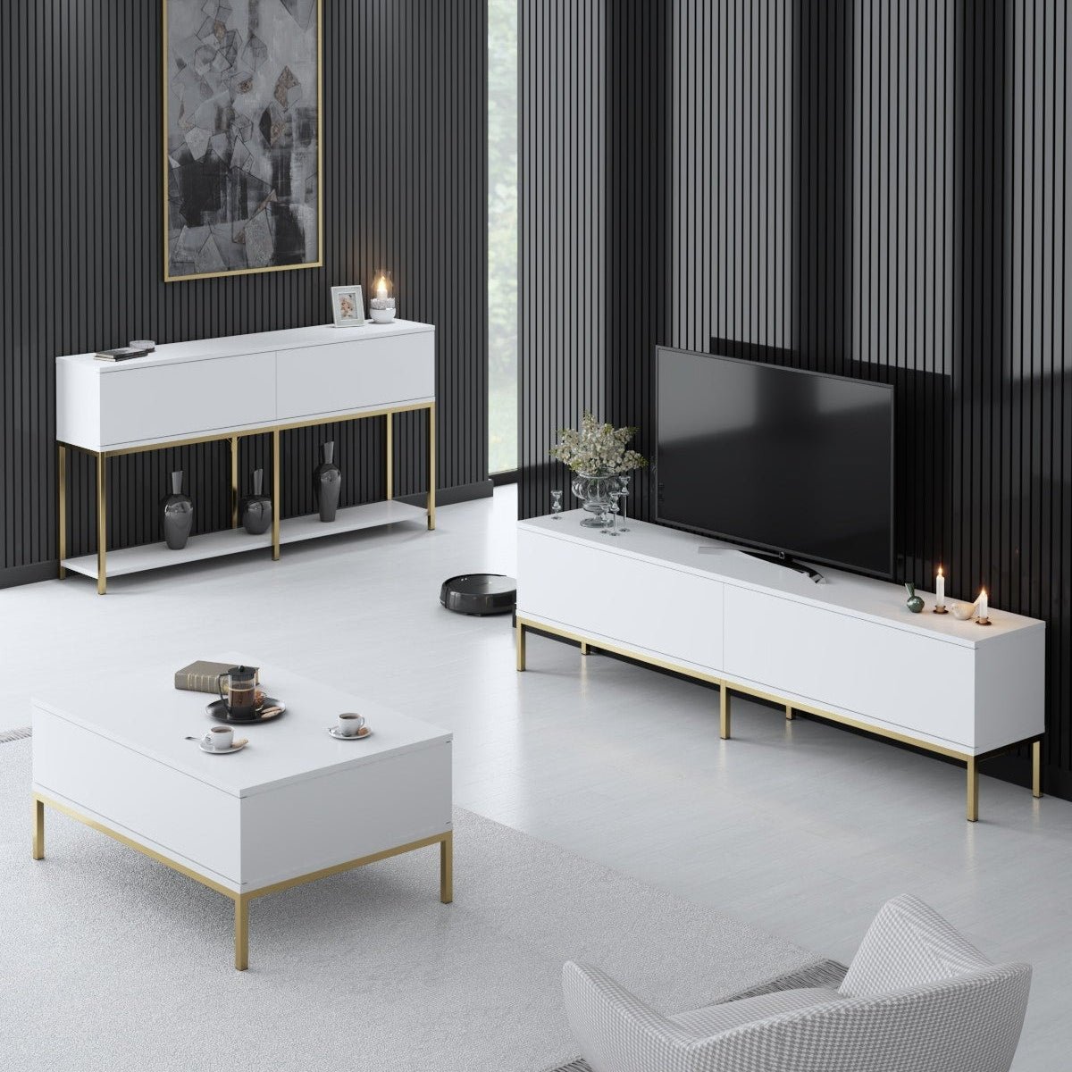 Ensemble de meubles White Lord - Table basse + Meuble TV + Buffet - Cadre doré
