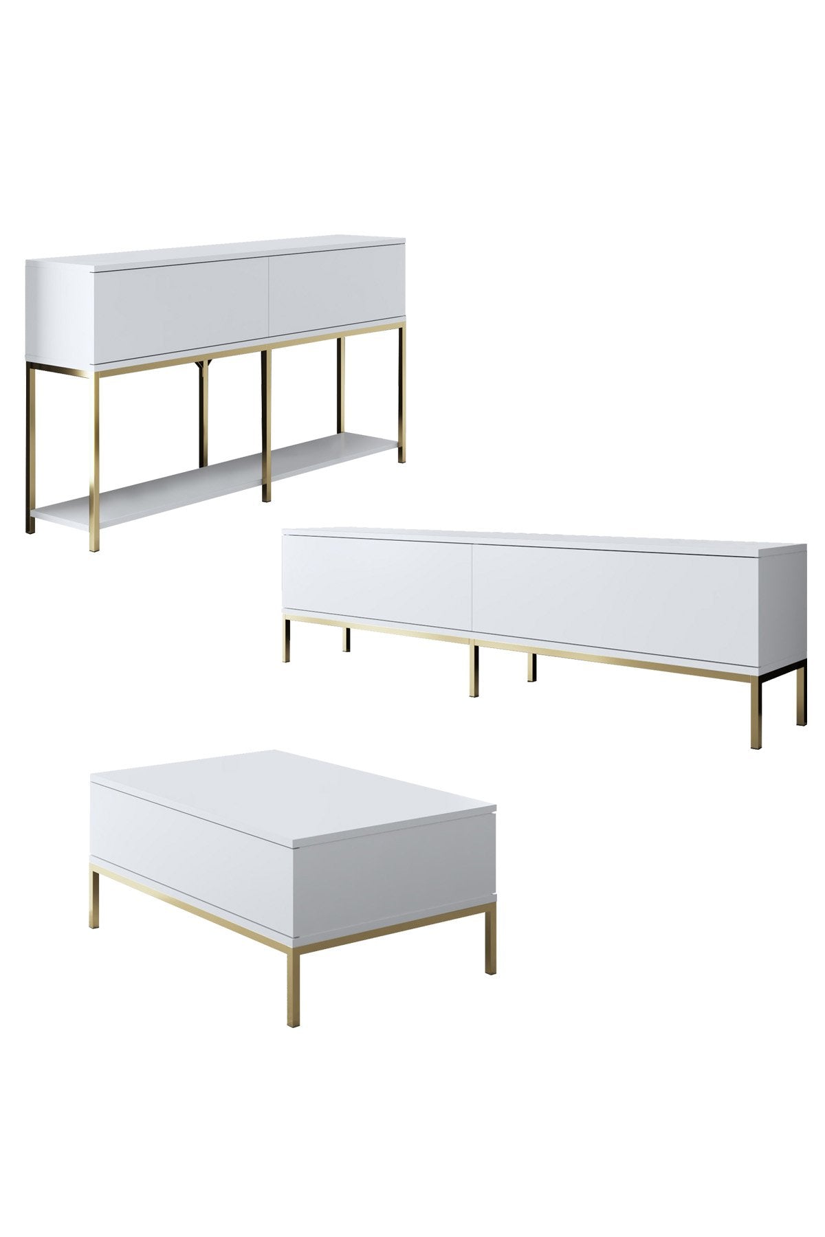 Ensemble de meubles White Lord - Table basse + Meuble TV + Buffet - Cadre doré