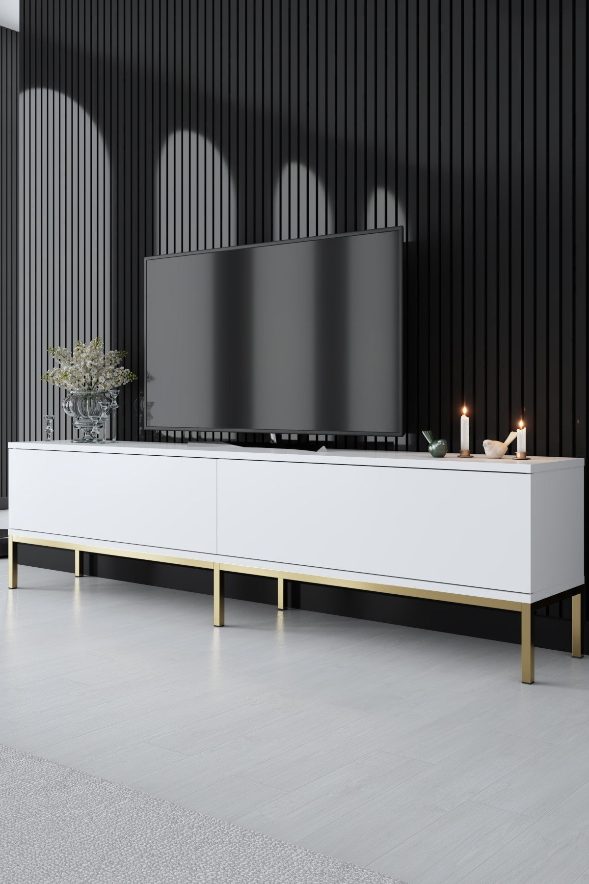 Ensemble de meubles White Lord - Table basse + Meuble TV + Buffet - Cadre doré