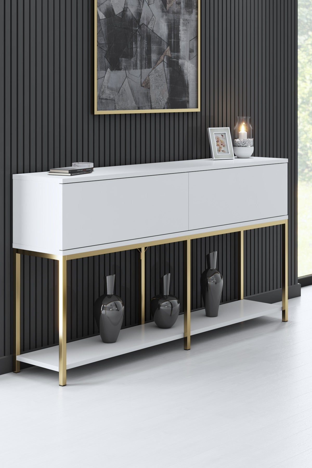 Ensemble de meubles White Lord - Table basse + Meuble TV + Buffet - Cadre doré