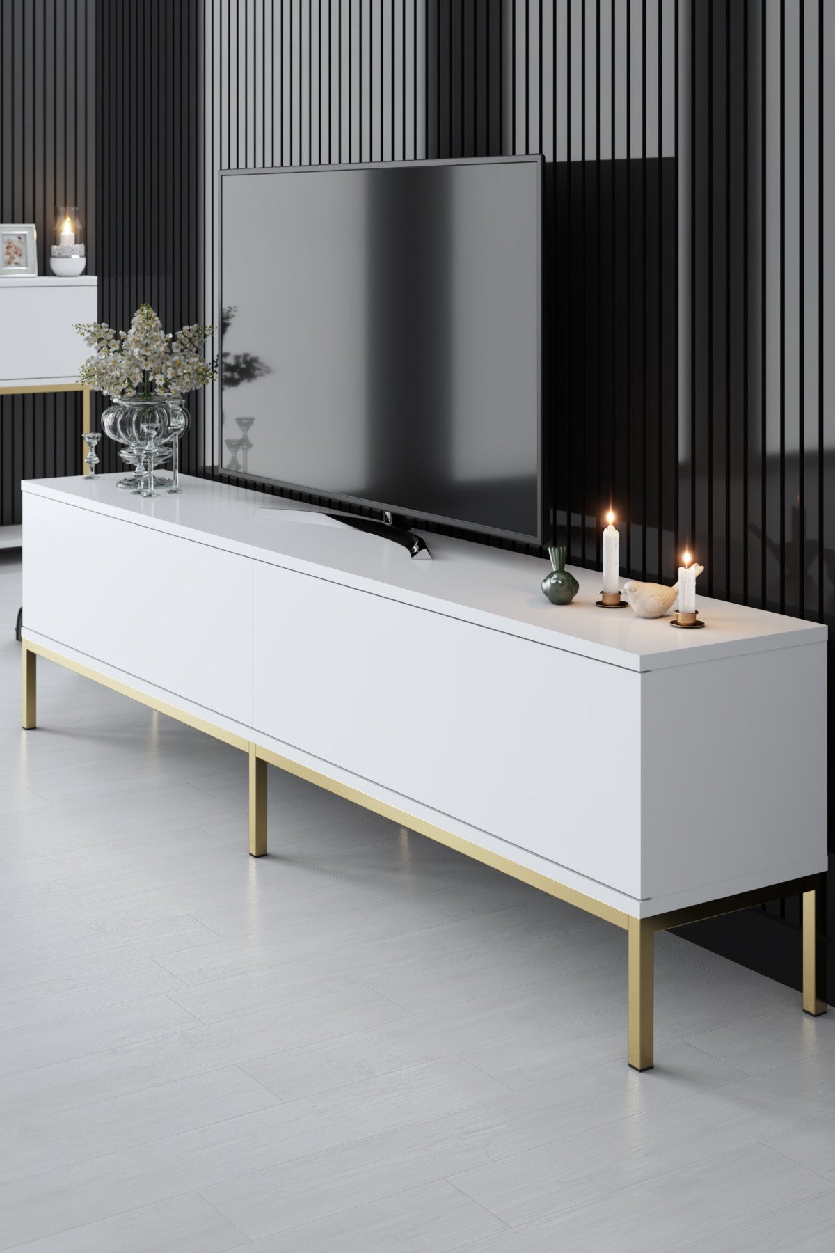 Ensemble de meubles White Lord - Table basse + Meuble TV + Buffet - Cadre doré